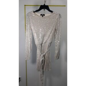 Crystal Sky Silver Sequin Mini Dress Long Sleeve Belted Party Cocktail Small